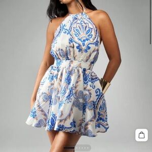 Elegant Blue and White Halter Dress